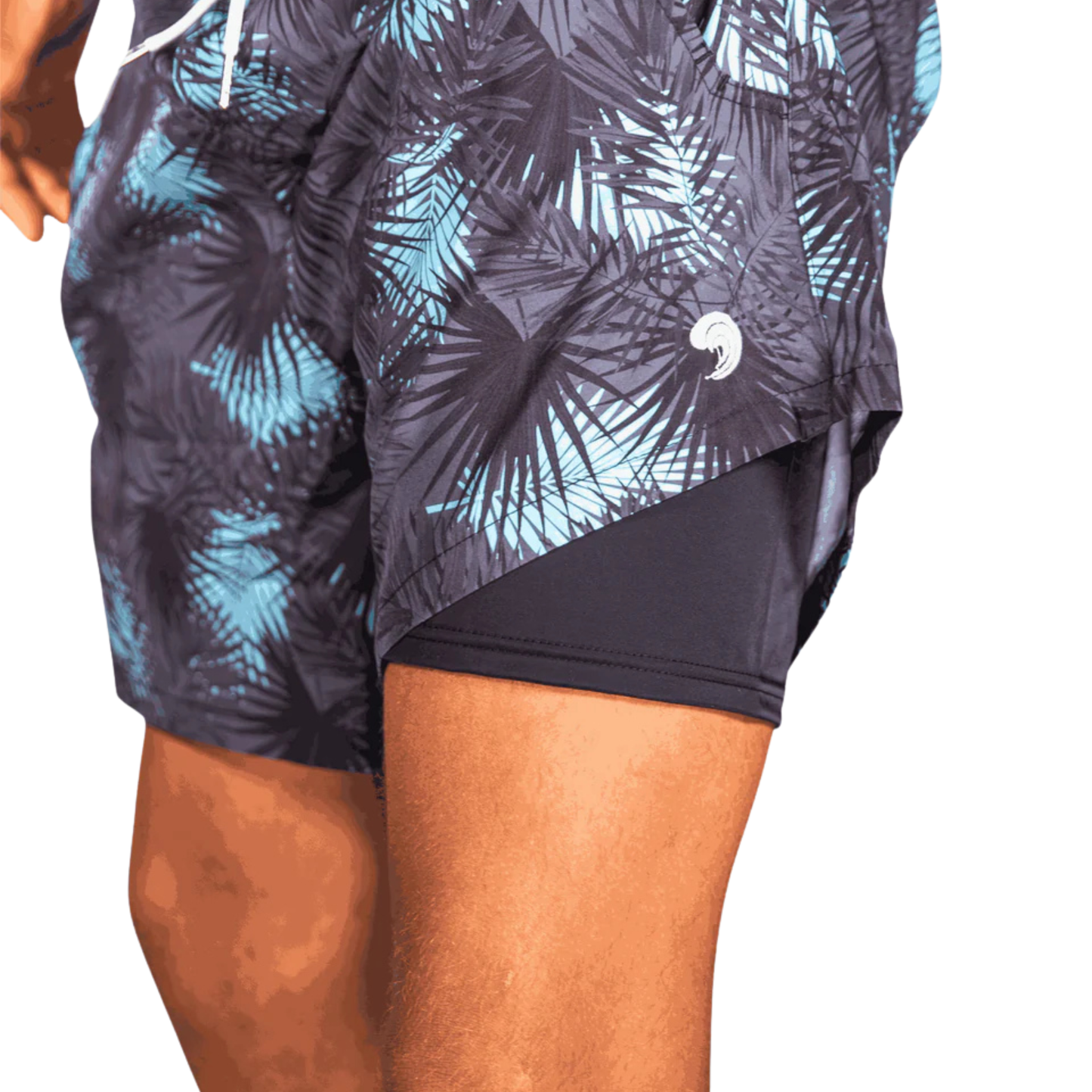 Teal palm-print swim shorts with small logo on hem and black trim