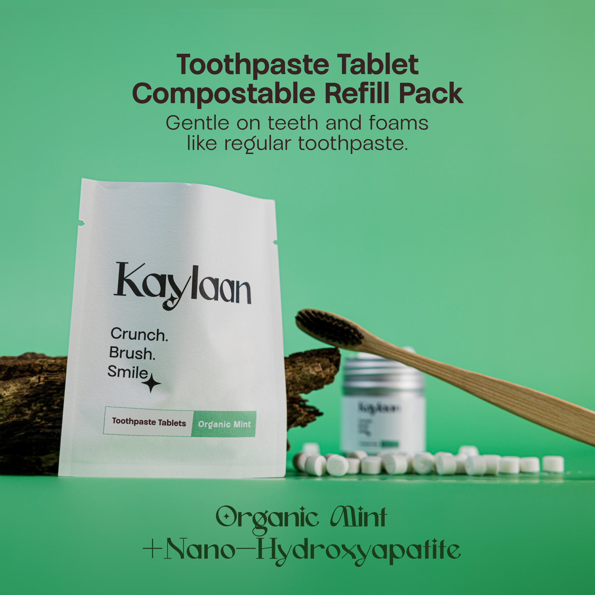 Kaylaan organic mint toothpaste tablets refill pouch with tablet pieces