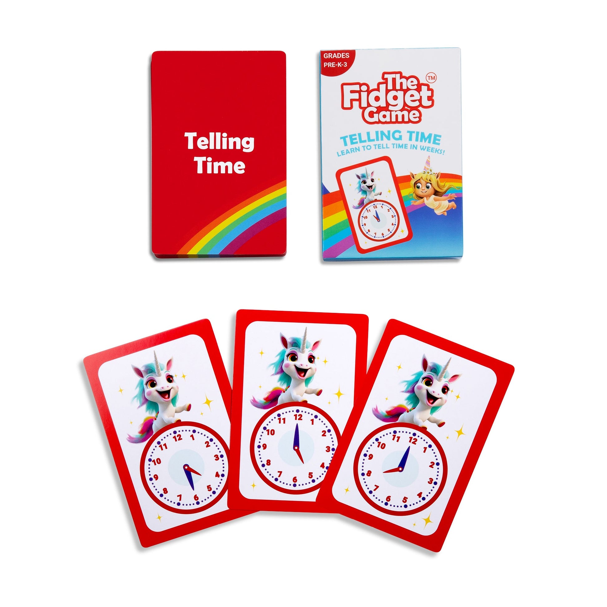 Telling Time card pack with red clock cards and a boxed set