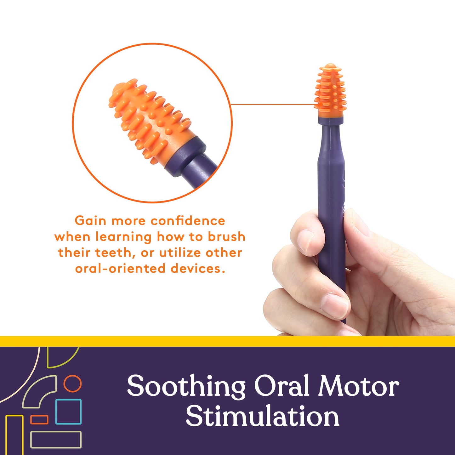 Silicone mouth brush with textured orange bristles on a purple handle
