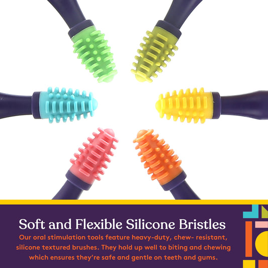 Silicone mouth brush heads with textured bristles in green, yellow, blue, and orange on purple bases