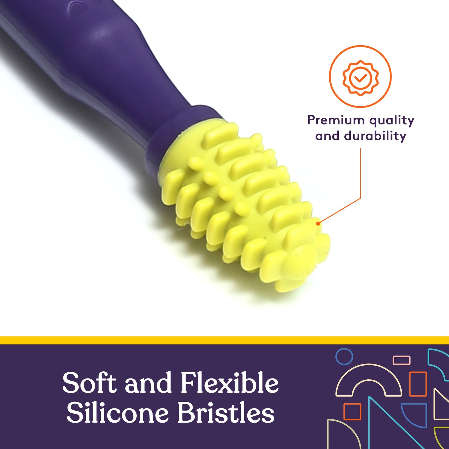 Silicone mouth brush with textured yellow-green bristles on a purple handle