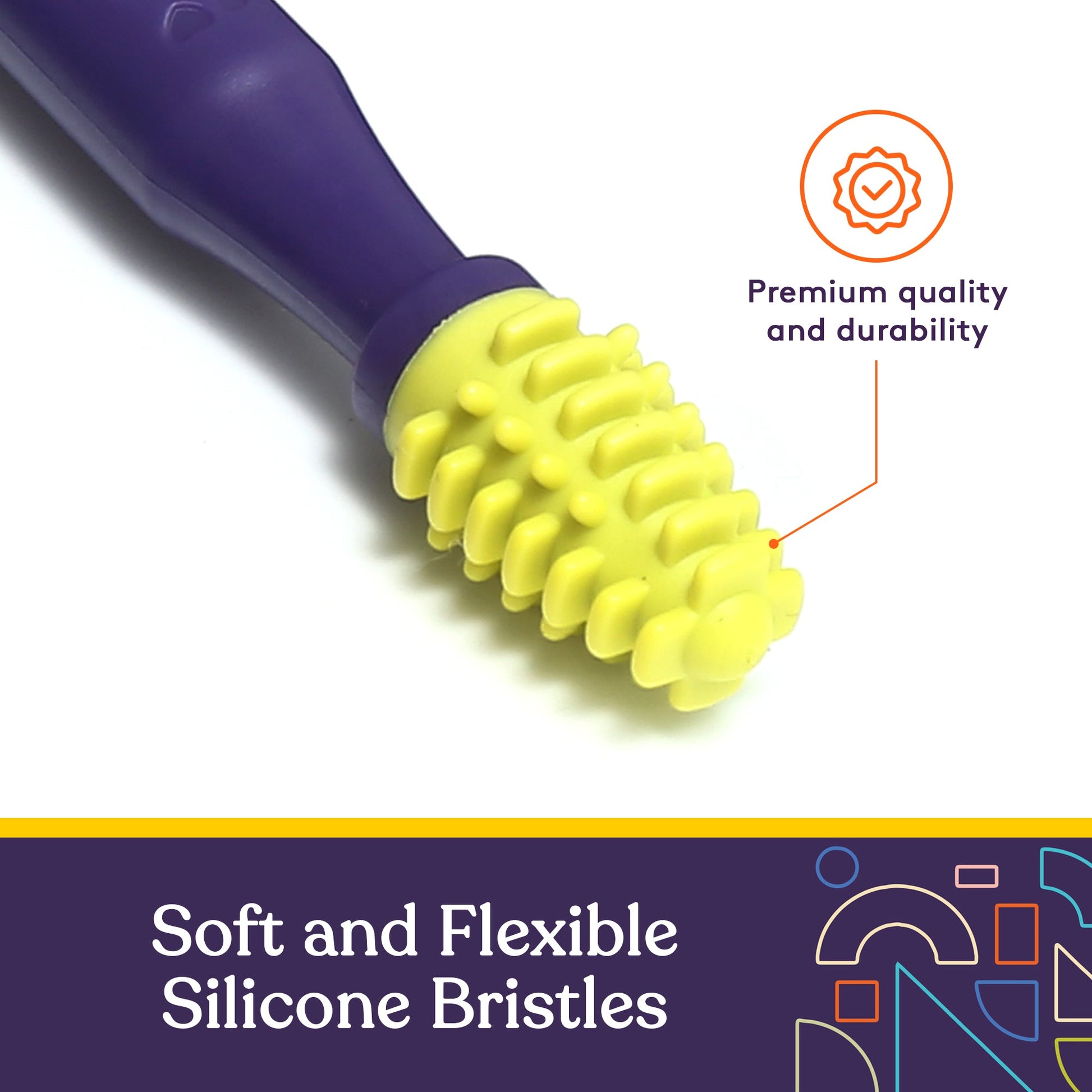 Silicone mouth brush with textured yellow-green bristles on a purple handle