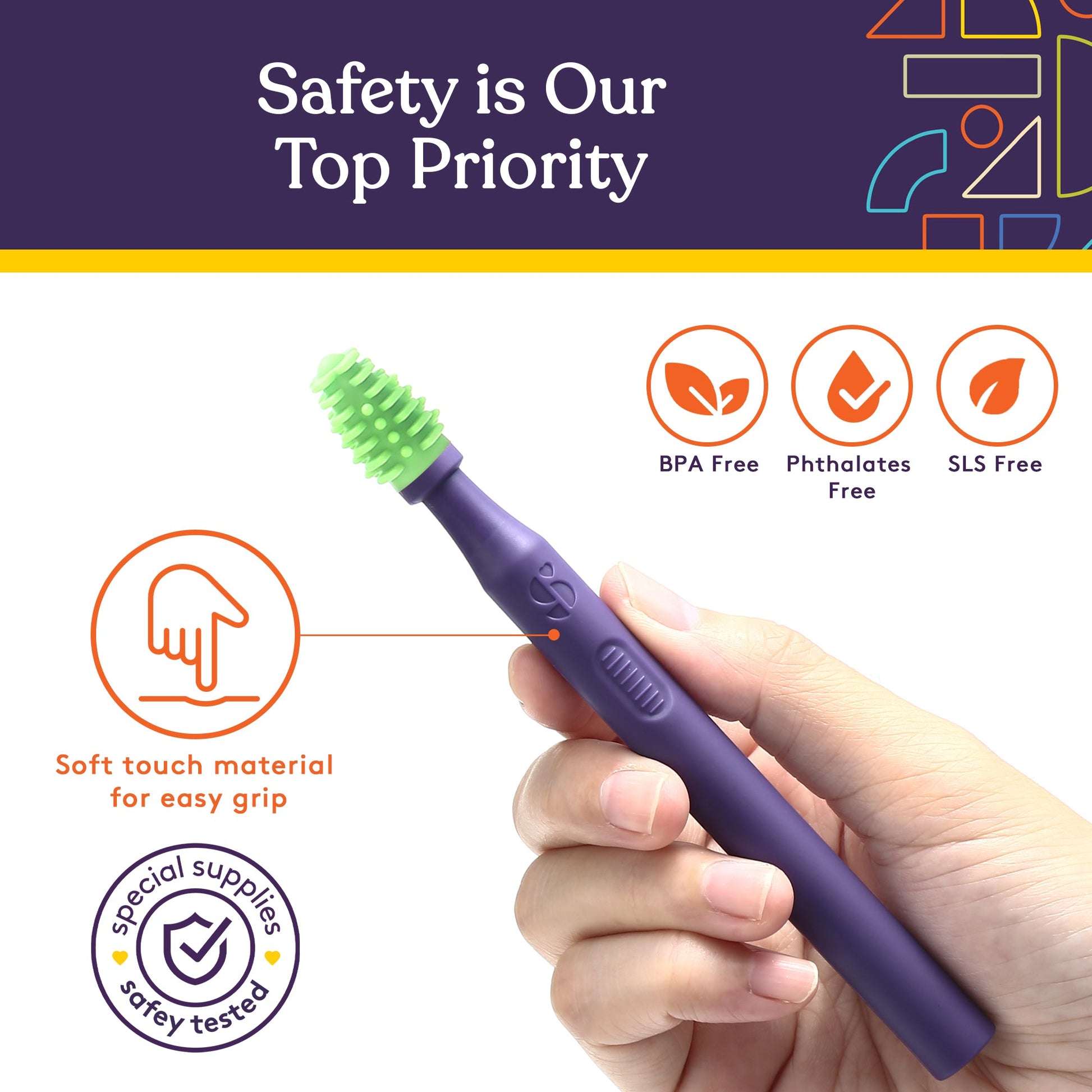 Silicone mouth brush with textured green bristles on a purple handle