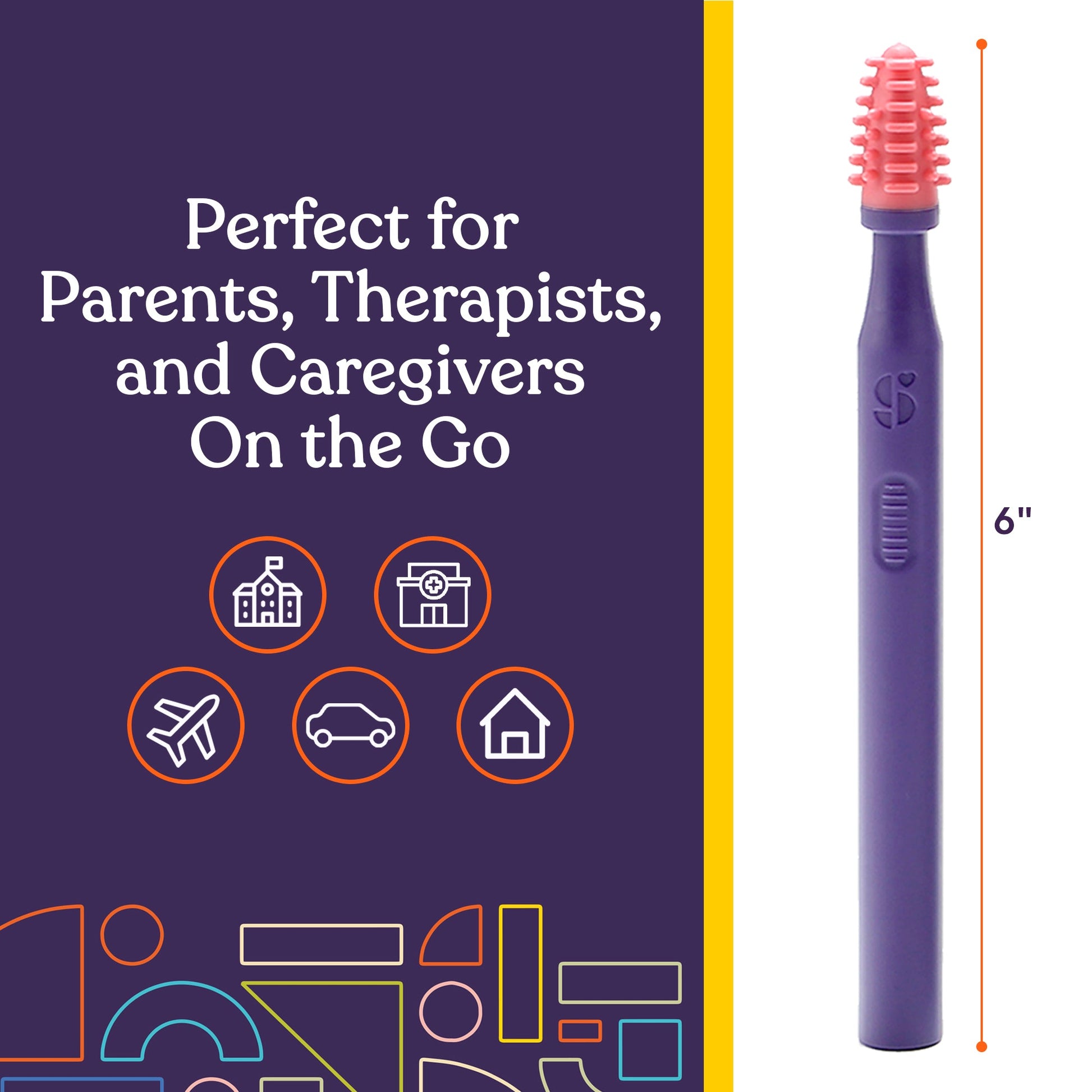 Silicone oral stimulation brush with pink textured bristles on a purple handle, 6 in