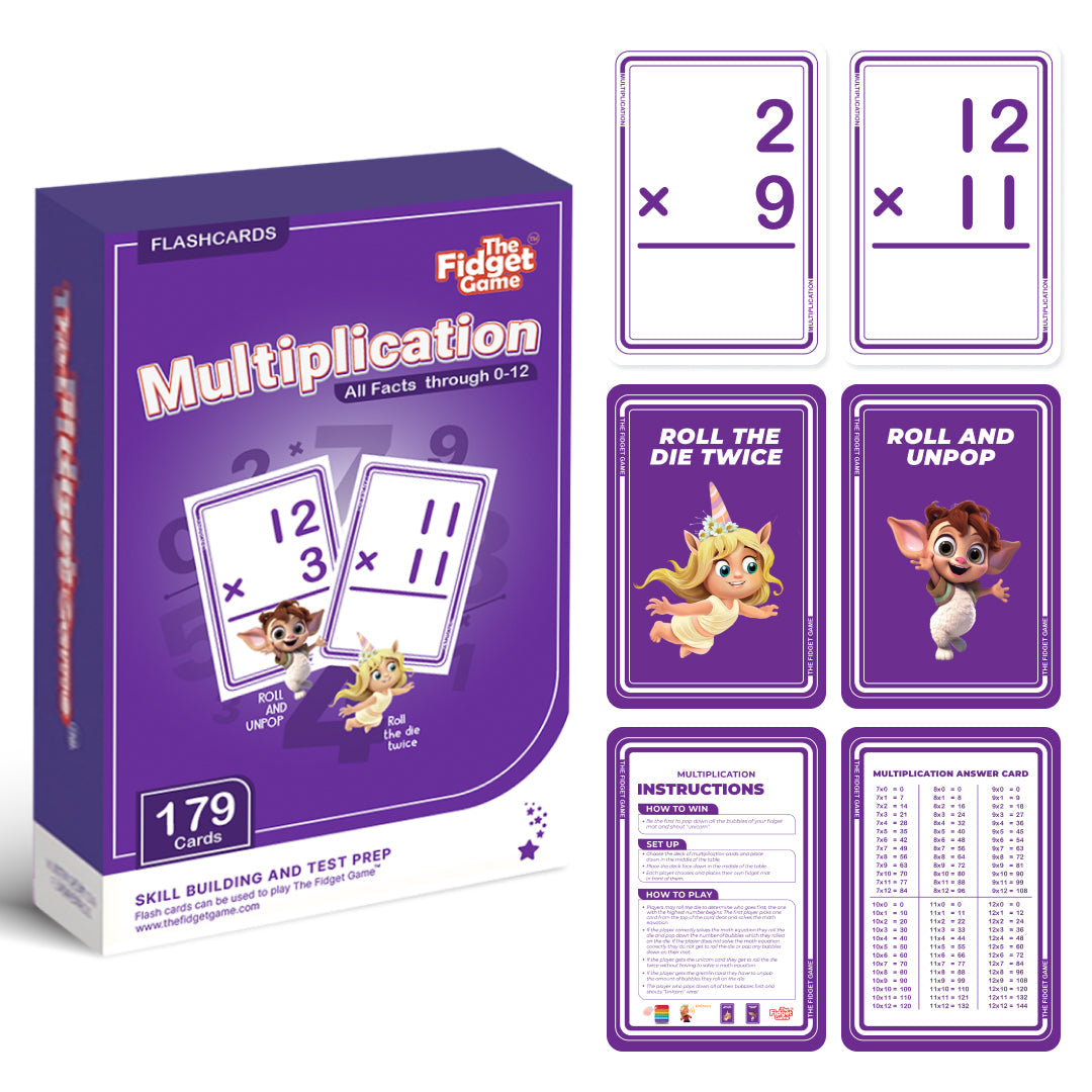 Multiplication flashcard pack box with sample cards showing 2×9 and 12×11 equations