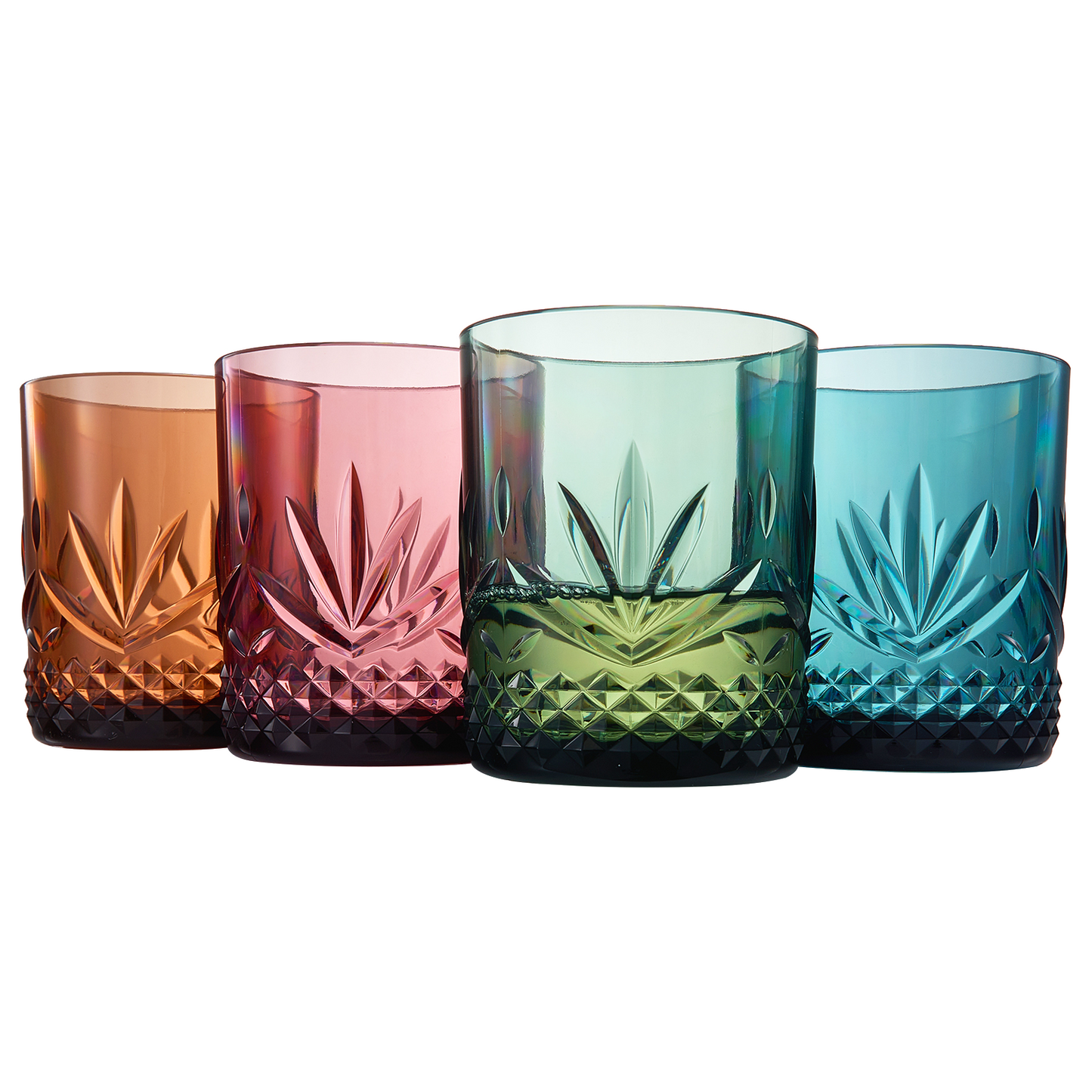 Set of 4 acrylic lowball glasses, faceted diamond base and leaf pattern, mixed colors