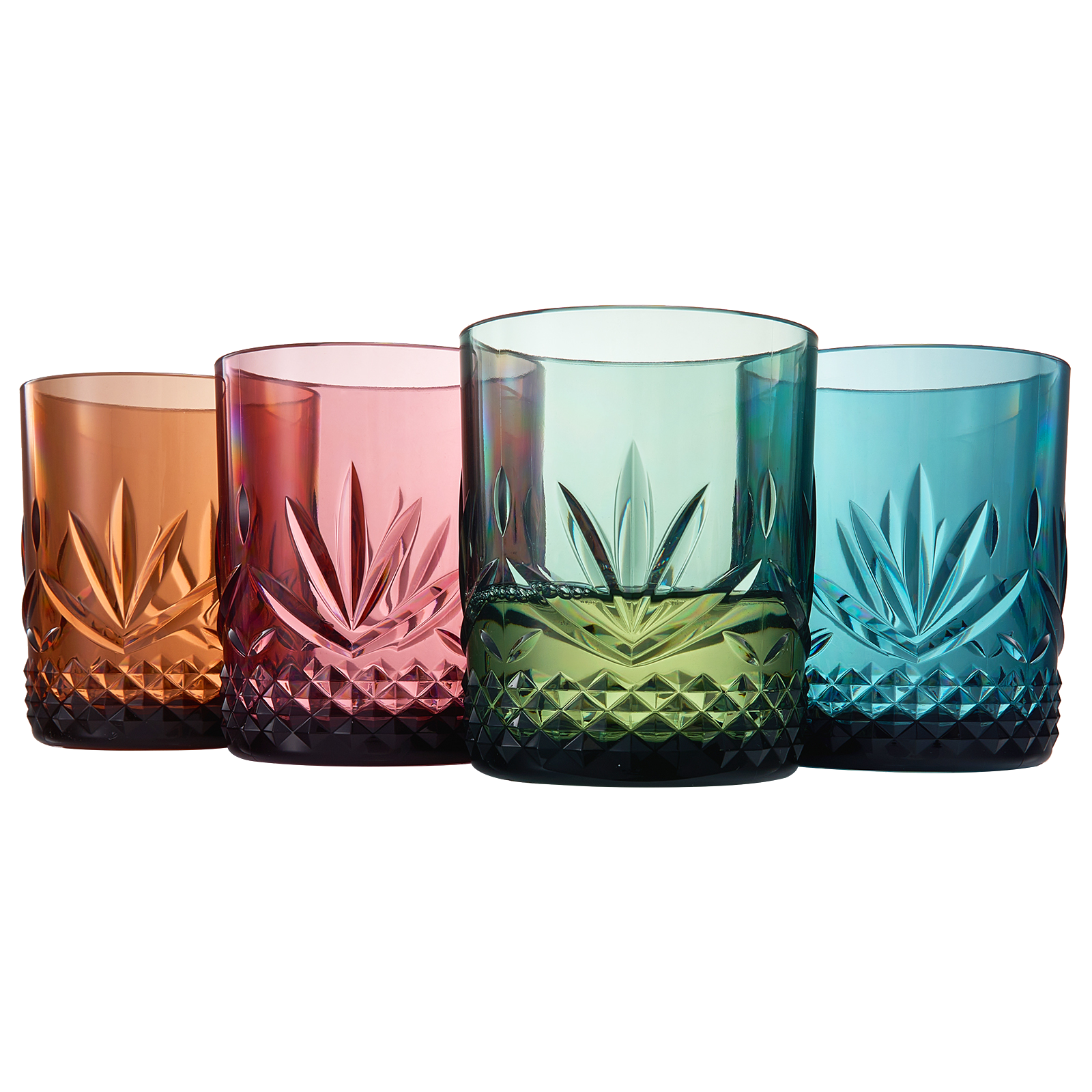 Set of 4 acrylic lowball glasses, faceted diamond base and leaf pattern, mixed colors