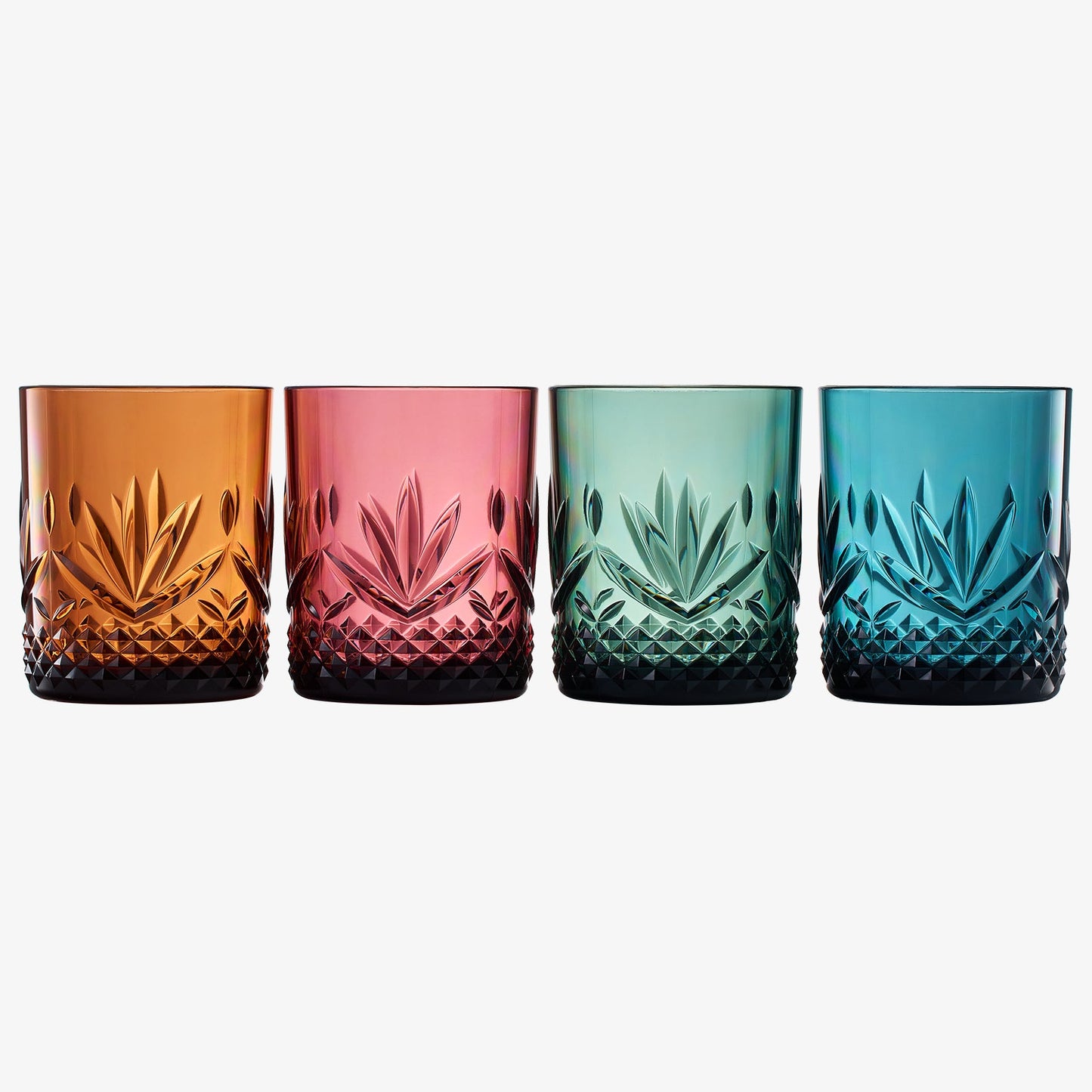 Set of 4 acrylic lowball glasses in amber, pink, green, and blue with diamond base