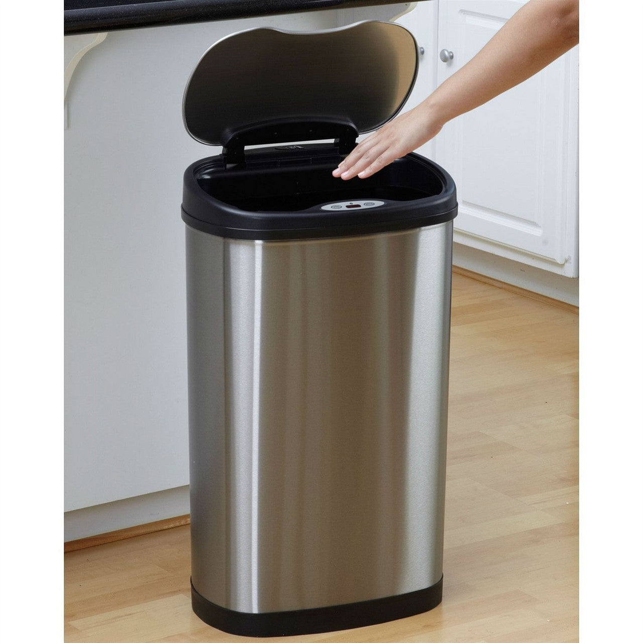 Stainless steel kitchen trash can with open black lid and touch panel