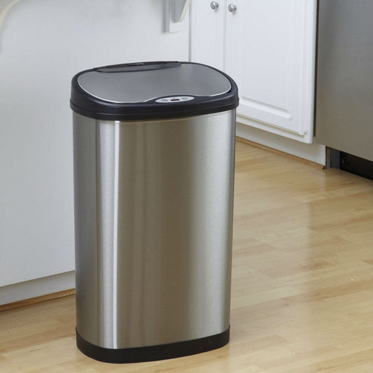 Stainless steel kitchen trash can with closed black lid