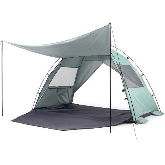 Pop-up beach sun shelter tent with canopy, zippered front panels, dark floor