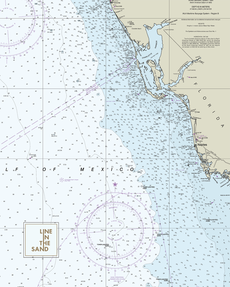 Nautical chart print fabric with Florida coastline, purple route lines, and “LINE IN THE SAND” logo