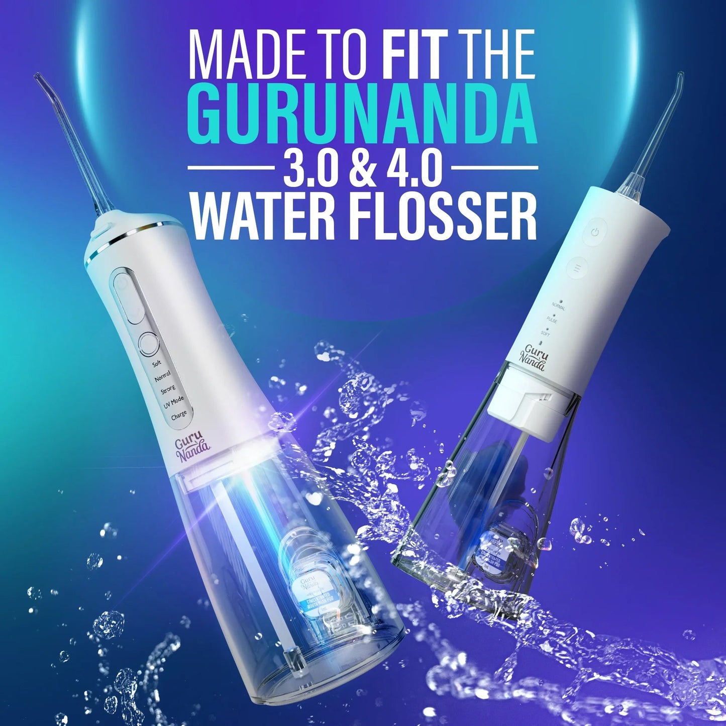 Two white water flossers with splash effects, designed for Guru Nanda 3.0 and 4.0