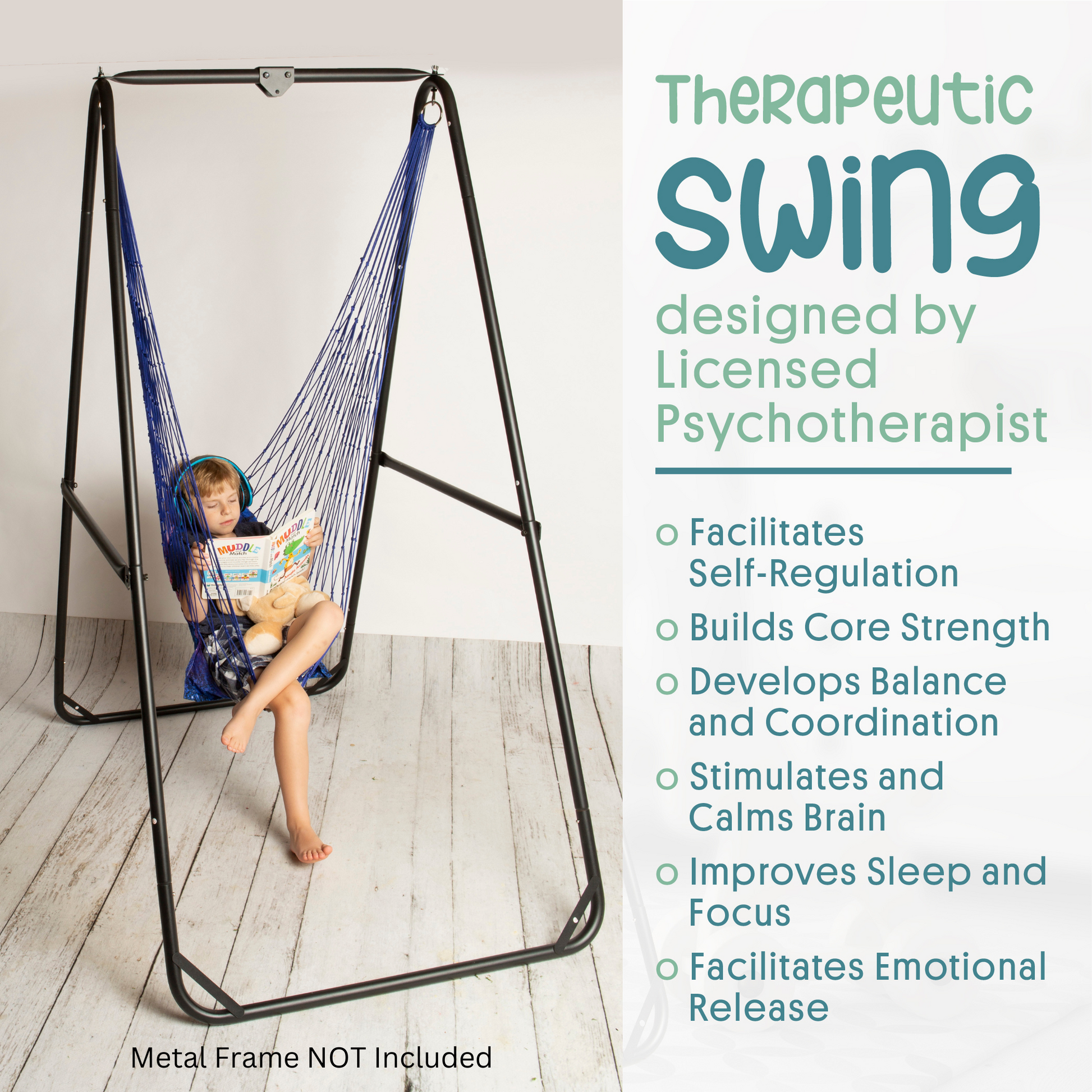 Kids hammock chair swing with blue woven rope and black stand frame, child seated.
