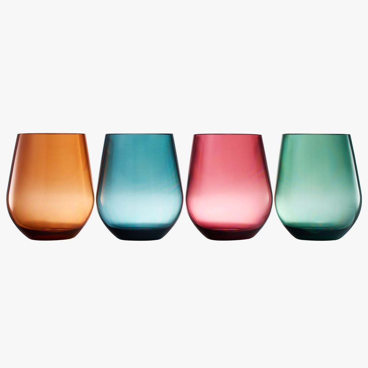 Four stemless acrylic wine glasses showing amber, blue, red, and green colors.