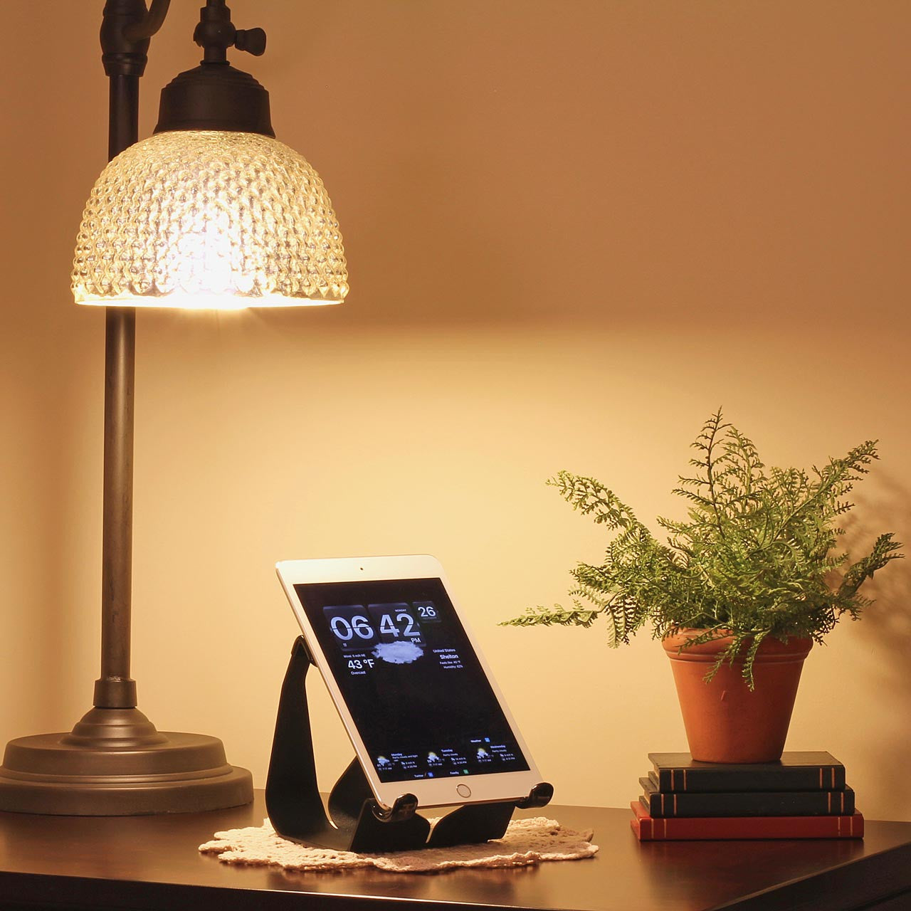 Fixed-angle iPad stand in dark finish holding a tablet on the desktop