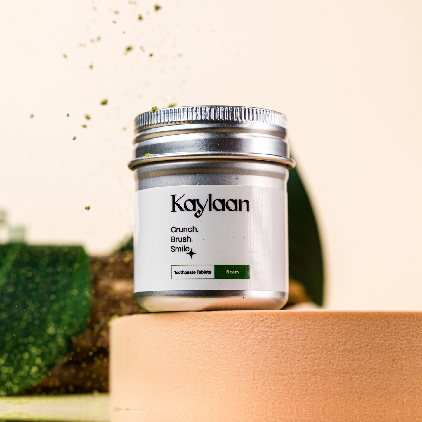 Toothpaste tablets jar with silver lid and Neem green label