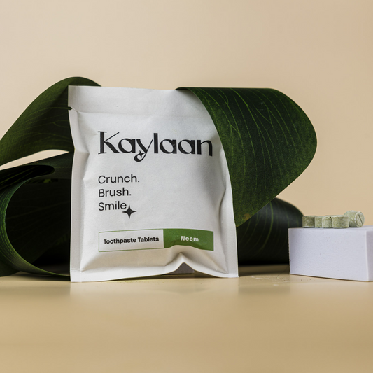 Kaylaan fluoride neem toothpaste tablets pouch, white with green label panel
