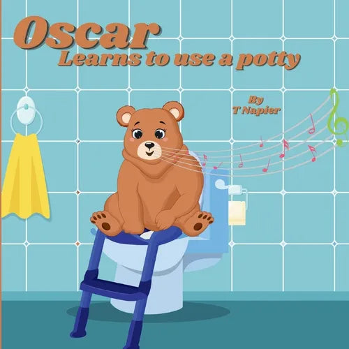 Children's potty training book cover with cartoon bear Oscar on a toilet.