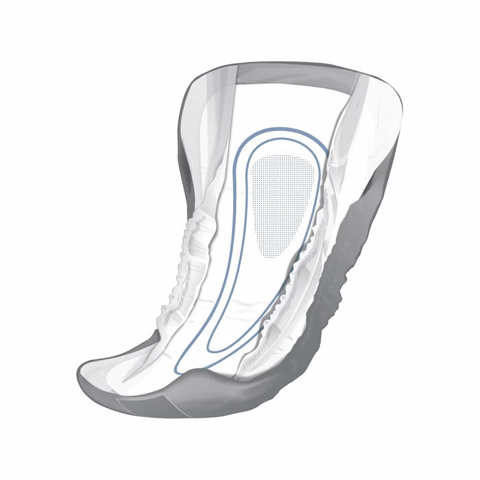 White male guard pad with blue absorbent core and adhesive edge, contoured fit