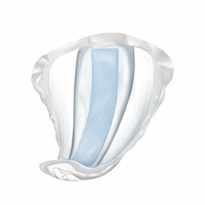 Contoured male guard pad with blue absorbent strip and white adhesive backing
