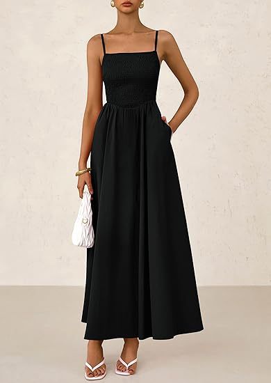 Black thin-strap midi dress with square neckline and gathered pleated skirt