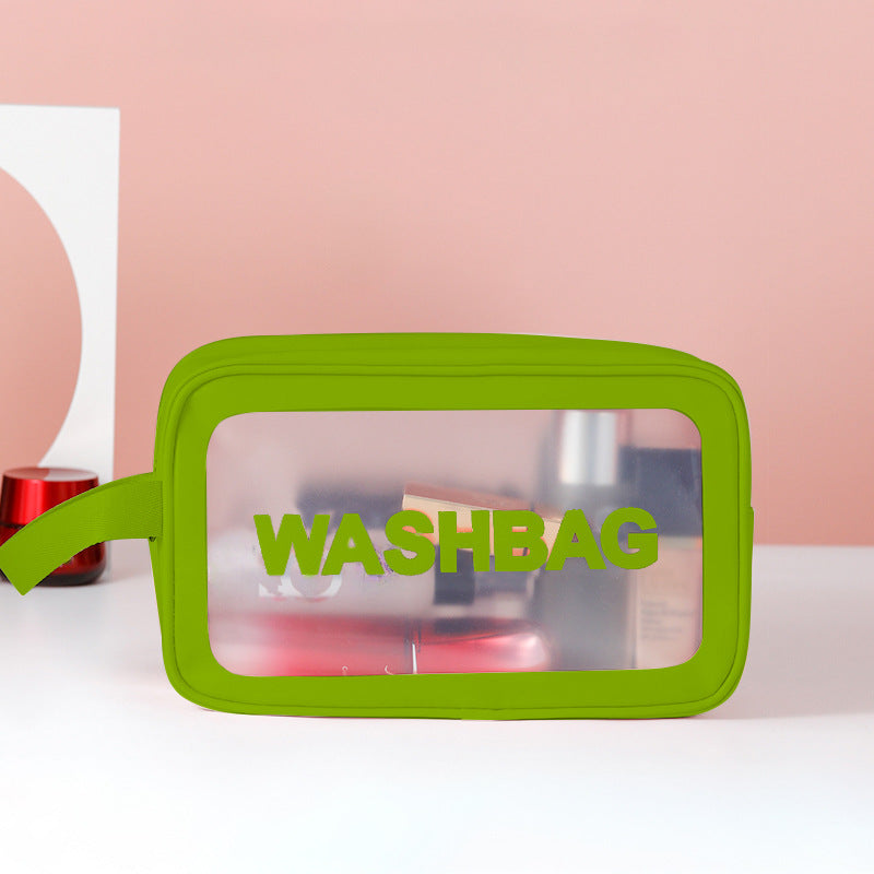 Green translucent frosted PVC wash bag with clear front window and WASHBAG print