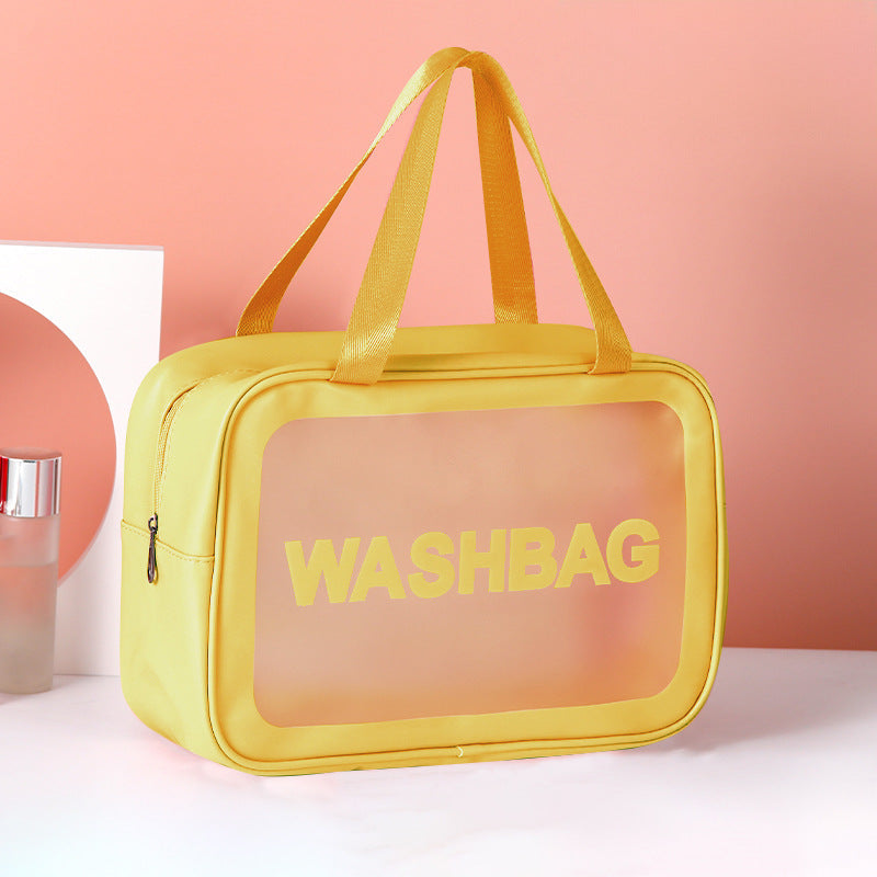 Yellow frosted PVC washbag set: large toiletry bag plus two matching zip pouches