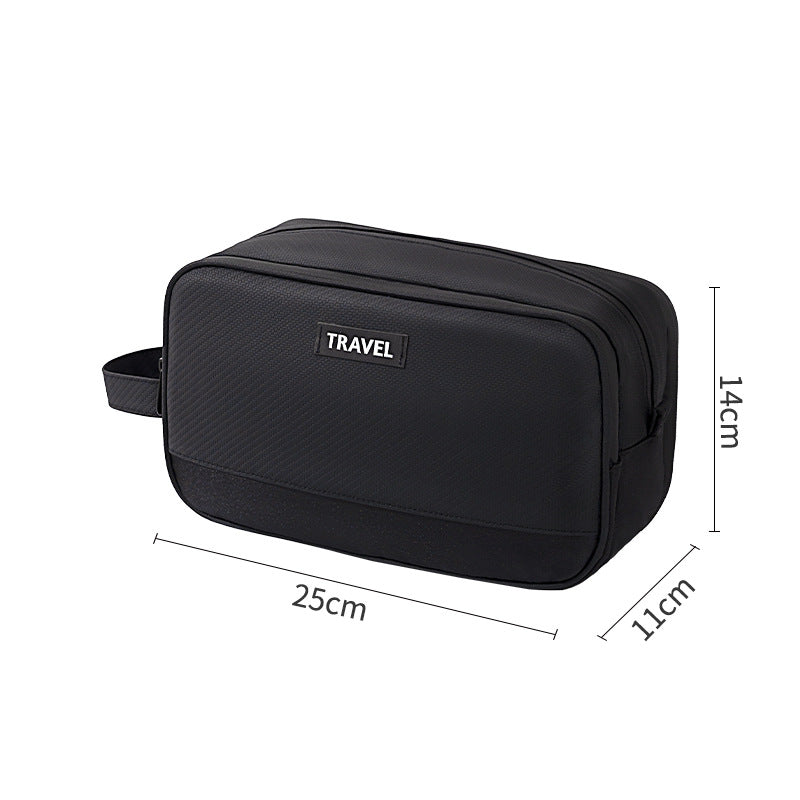 Black travel toiletry bag with TRAVEL label, compact dimensions shown, zipper closure