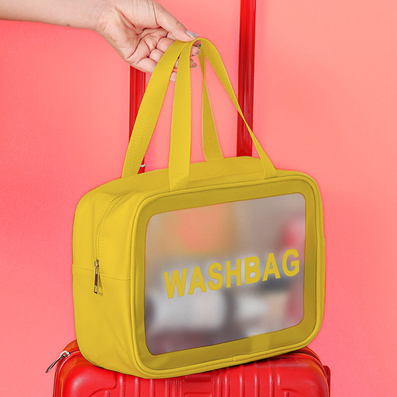 Yellow frosted PVC washbag with translucent window and top handle, shown with zipper