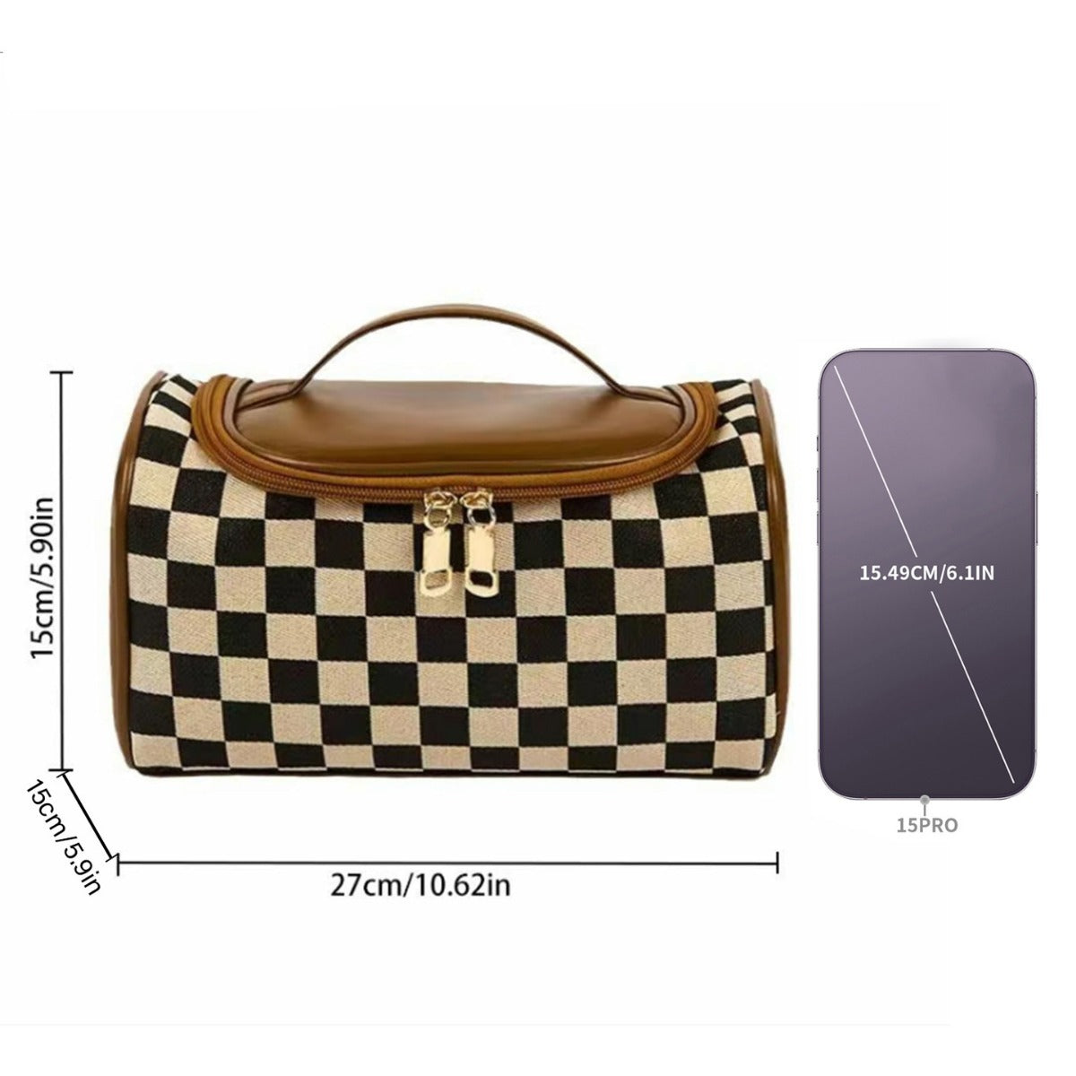 Large plaid cosmetic bag with black-and-cream checks, brown handles and front zipper clasp