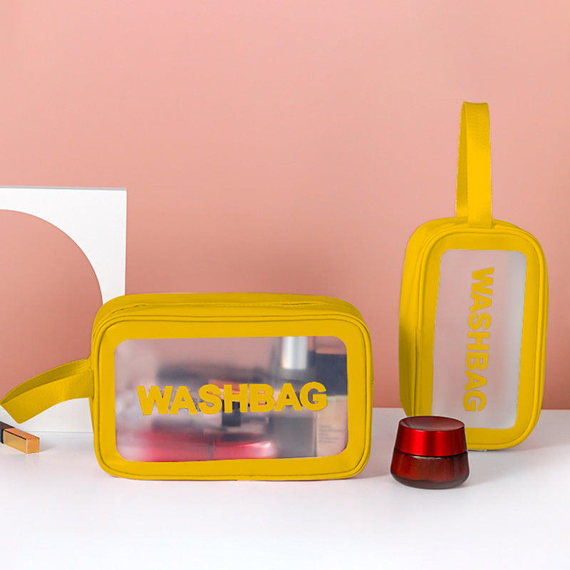 Yellow frosted translucent washbag set with zipper pouches and WAHSBAG print.