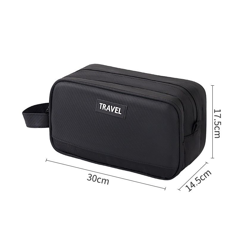 Black travel toiletry bag with TRAVEL label, compact size, side carry strap