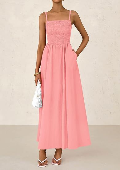 Pink thin-strap midi dress with square neckline and gathered pleated skirt