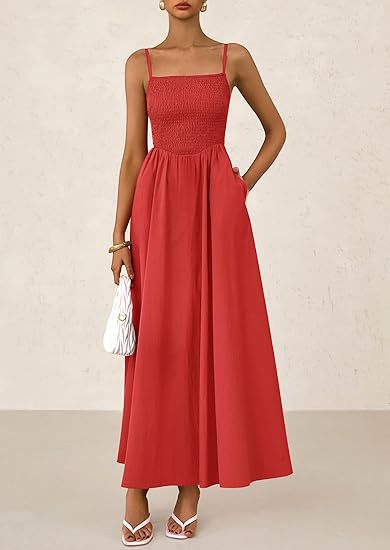 Red thin-strap midi dress with square neckline and gathered pleated skirt