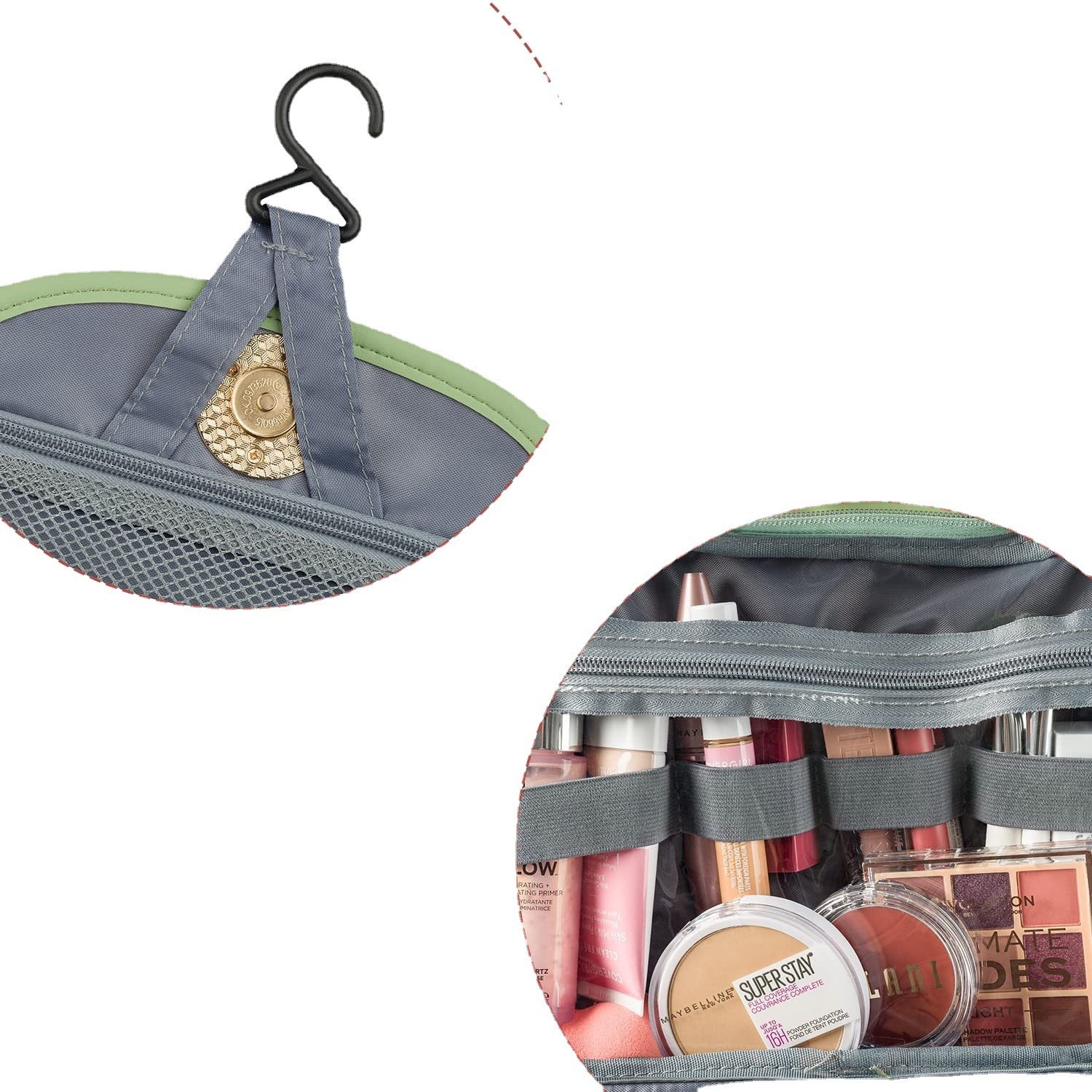 Gray-and-sage toiletry bag organizer with hanging hook and zip compartments