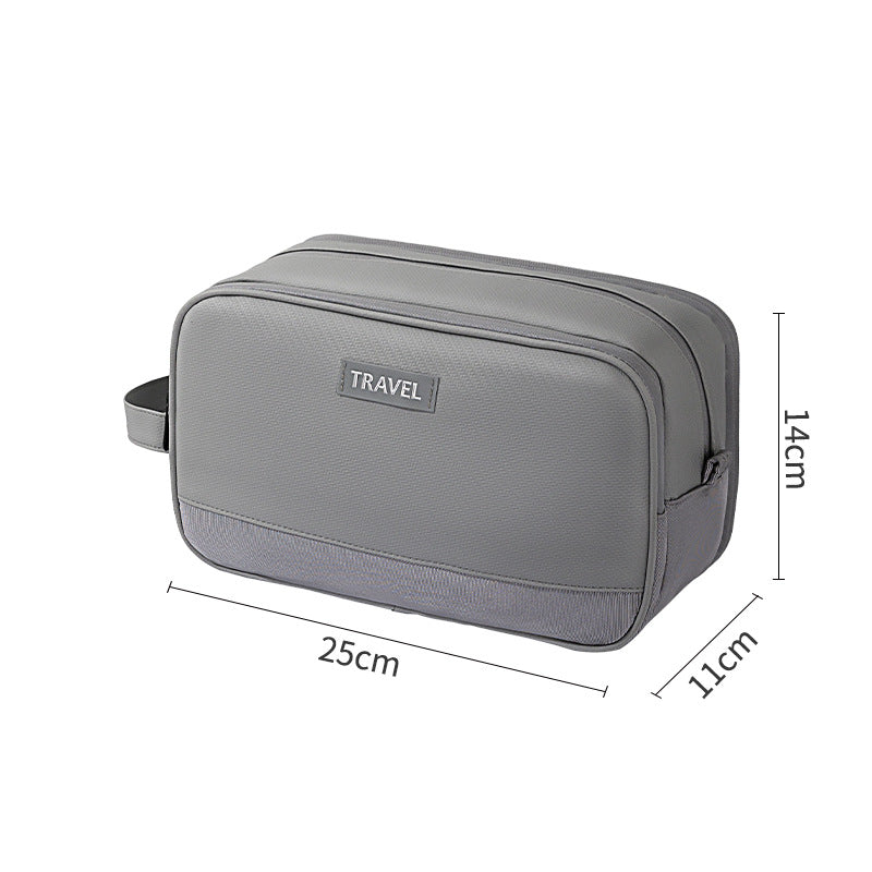 Three-layer travel toiletry bag, grey zippered pouch with side handle strap and front tag