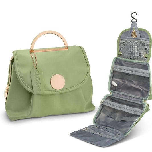 Waterproof toiletry bag in sage green, with hanging strap hook and open inner pouch