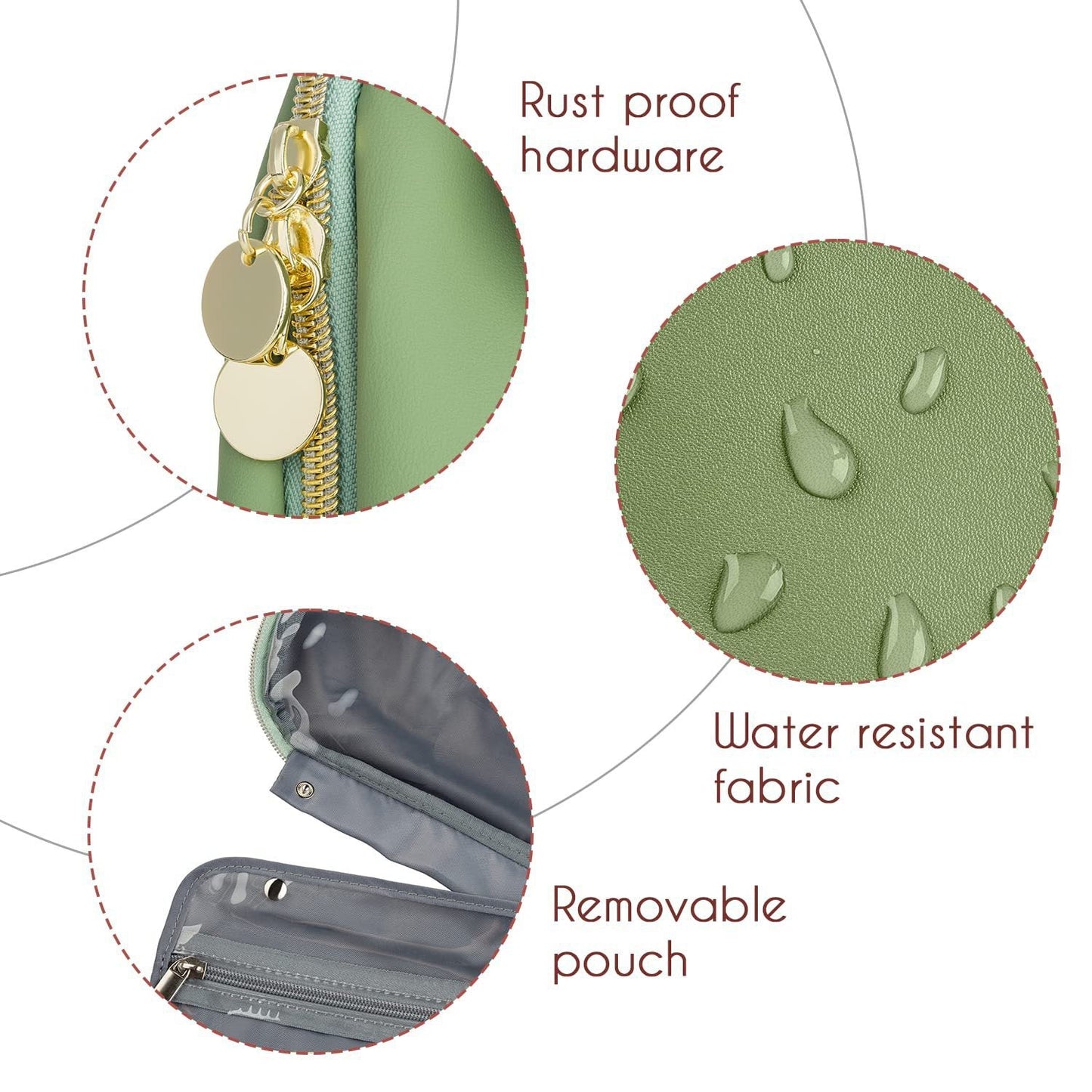 Sage green toiletry bag with rust-proof hardware, water-resistant fabric, and removable pouch