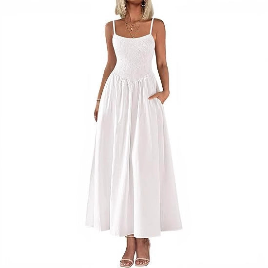 Pleated shoulder-strap midi dress in white, square neckline and gathered skirt