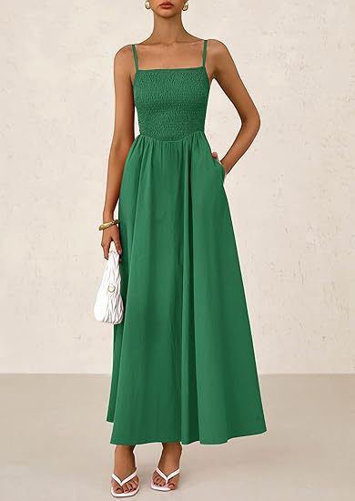 Women's thin-strap midi dress in deep green with smocked bodice and pleated skirt