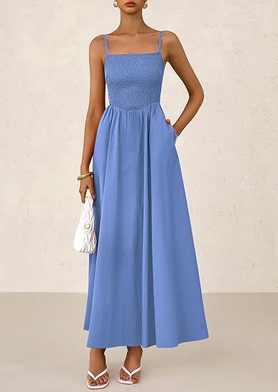 Women's thin-strap midi dress in bright blue with smocked bodice and pleated skirt