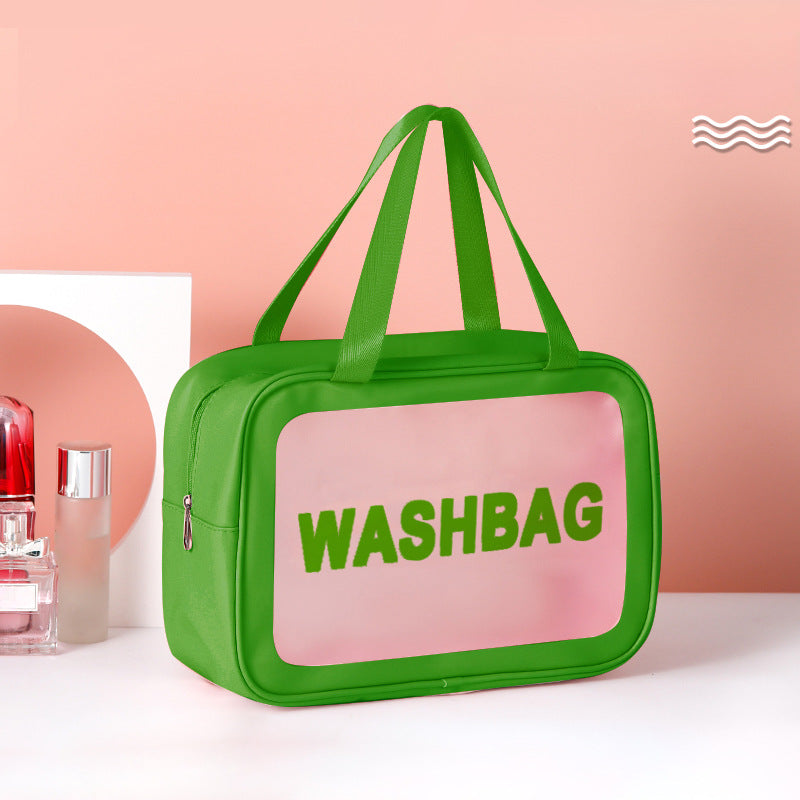 Green translucent frosted PVC wash bag with tote handles and WASHBAG print