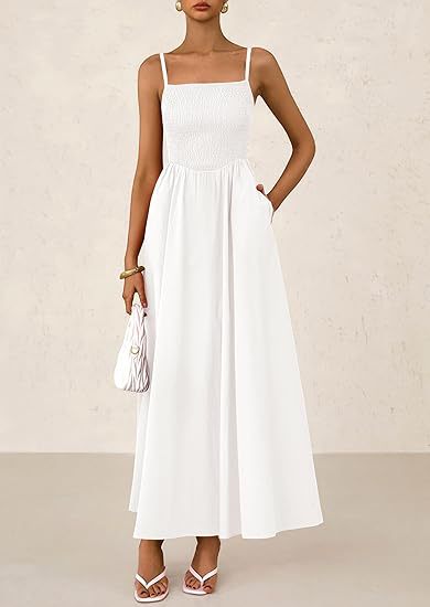 White thin-strap midi dress with square neckline and gathered pleated skirt