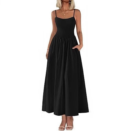Pleated shoulder-strap midi dress in black, square neckline and gathered waist