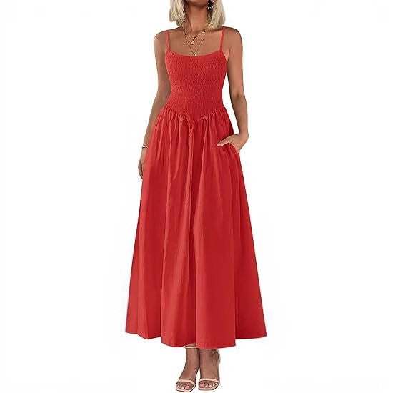 Pleated shoulder-strap midi dress in red, square neckline and gathered skirt