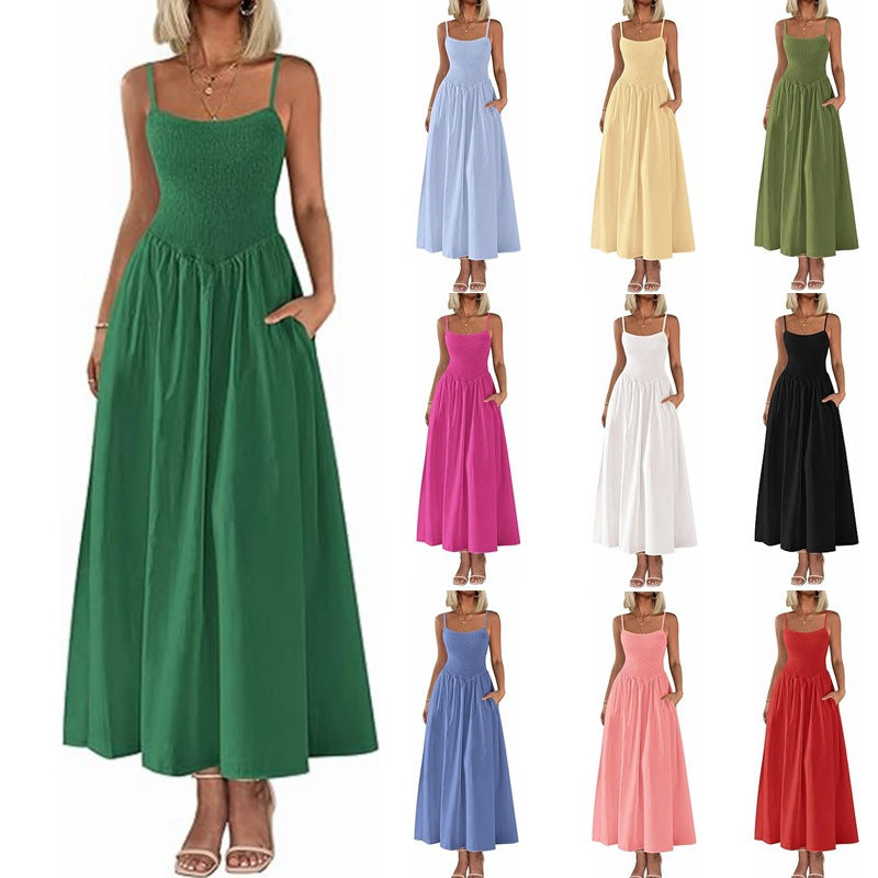 Pleated shoulder-strap sundress in dark green, square neckline and gathered waist