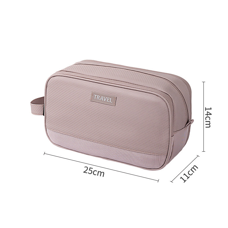 Three-layer travel toiletry bag, mauve/pink zippered pouch with side handle strap and front tag