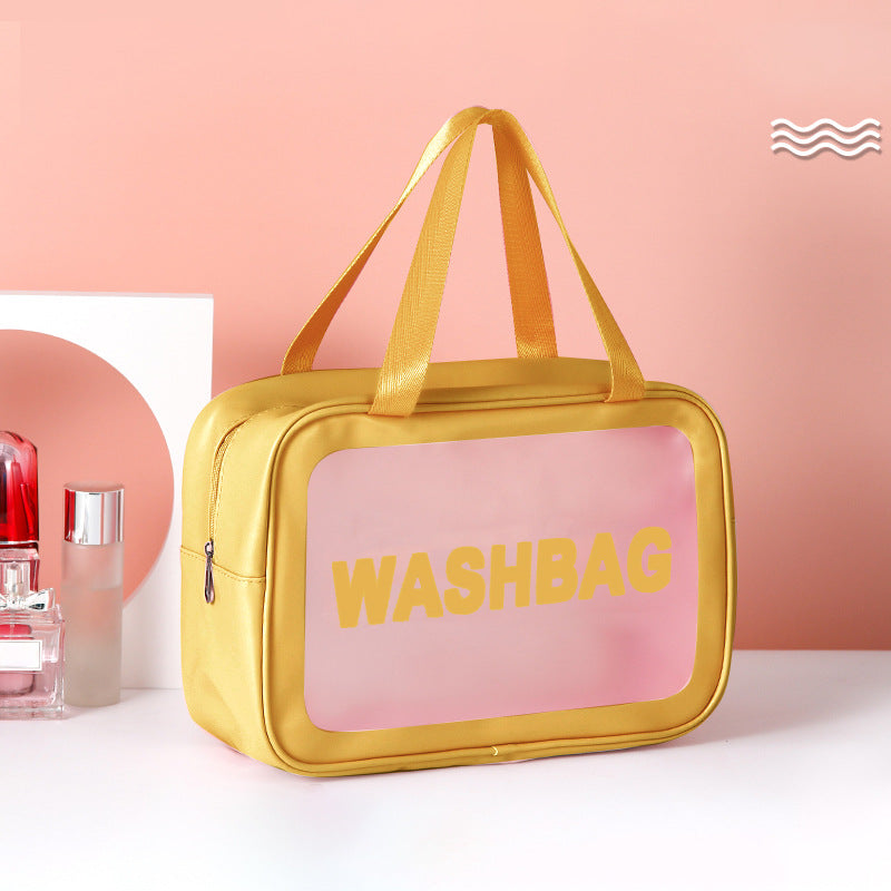 Large translucent frosted PVC wash bag in yellow with clear window and WASHBAG print